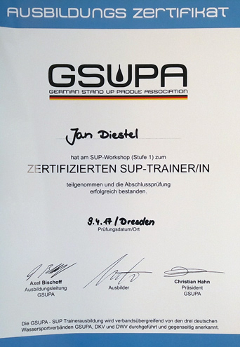 Wild East ist zertifizierter GSUPA Stand Up Paddle Ausbilder